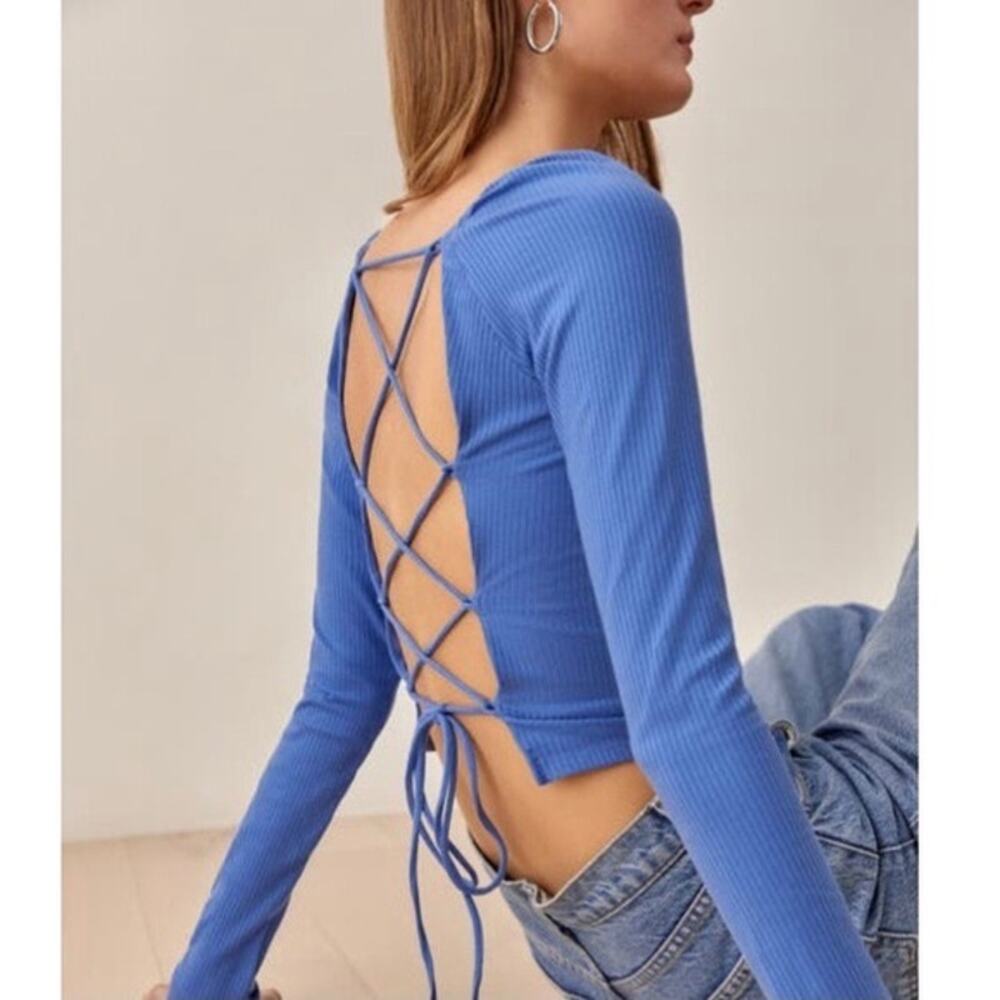 Reformation Chrissy Laced Back Knit Top Dusk Blue XL